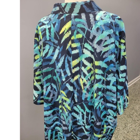 Catherines 5X Blue Green Fern Leaf Print 3/4 Sleeve Button Up Shirt Top‎ - Picture 2 of 5
